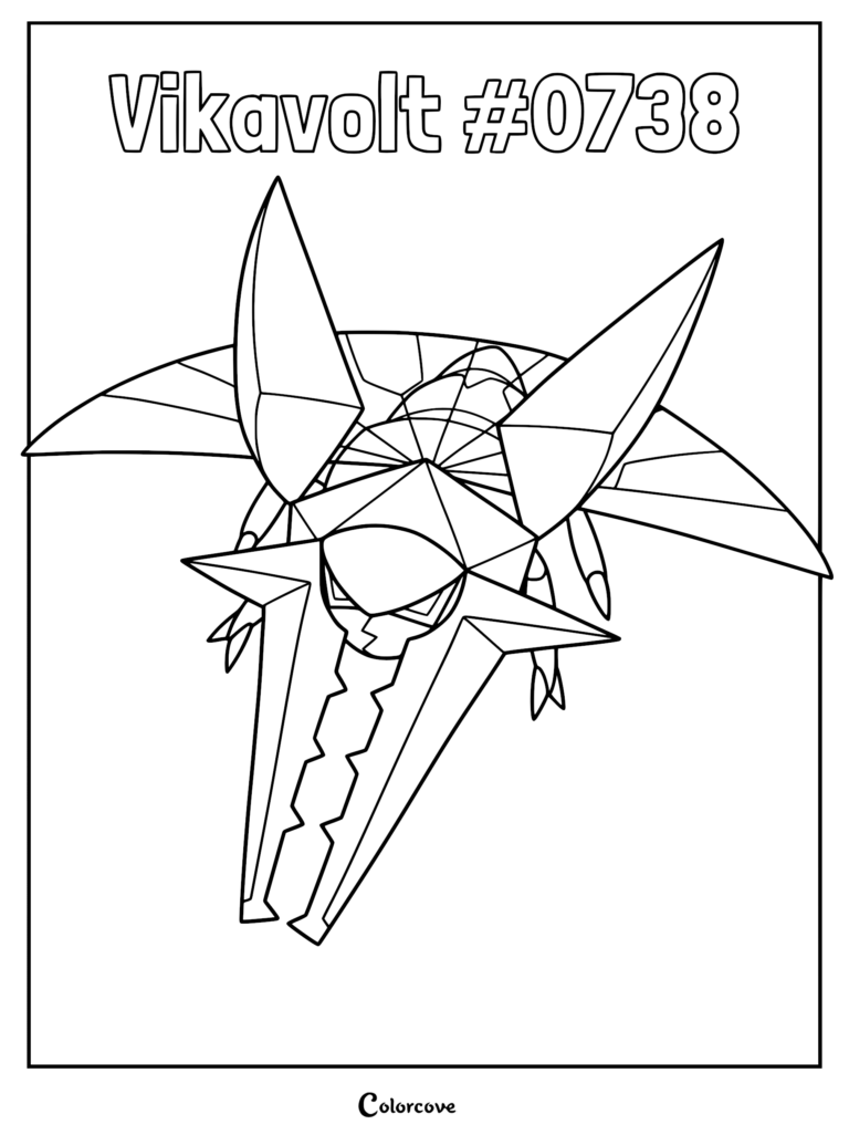 Vikavolt Pokemon Alola coloring page featuring the stag beetle-like Electric-type insect with large mandibles and geometric wings in sharp line art.