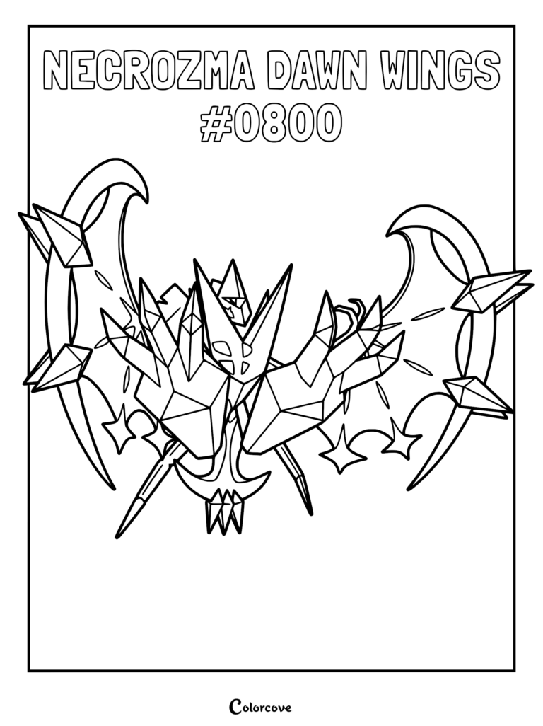 A detailed Pokemon Alola Necrozma Dawn Wings coloring page featuring sharp, crystal-like armor and crescent-shaped wing structures.
