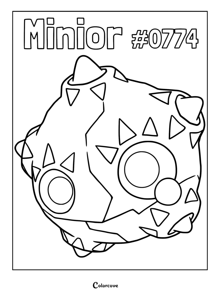 Printable coloring page featuring the Alola region Pokemon Minior #0774, showing its rocky outer shell with triangular spikes and circular eye-like patterns.