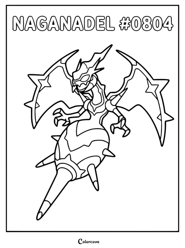 A detailed line art coloring page of the Alola Pokemon Naganadel, featuring its sharp wings, needle-like stinger, and spiky abdomen.