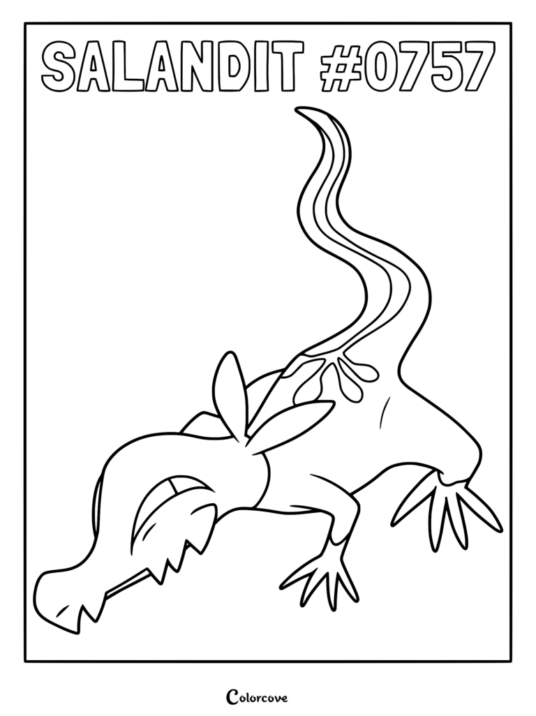 A line art coloring page of the Alola Pokemon Salandit standing in a dynamic pose with its long tail curved upward.