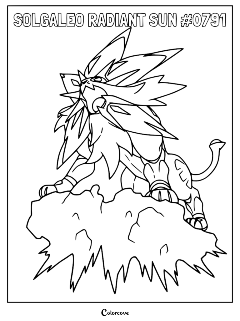 Solgaleo, the Alolan Legendary Pokemon, depicted in a powerful stance as a detailed black and white printable coloring page.
