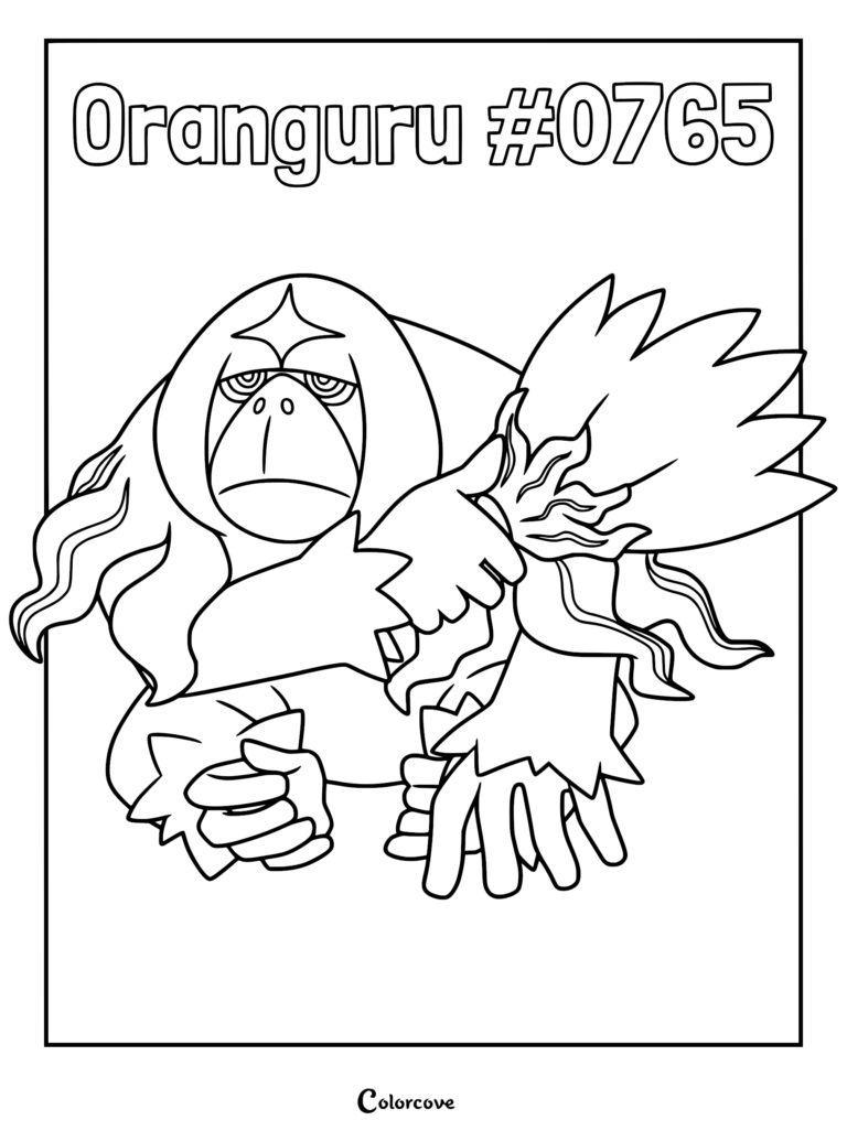 Oranguru #0765 holding its signature fan-like leafy branch in this detailed Pokemon Alola coloring page for kids.