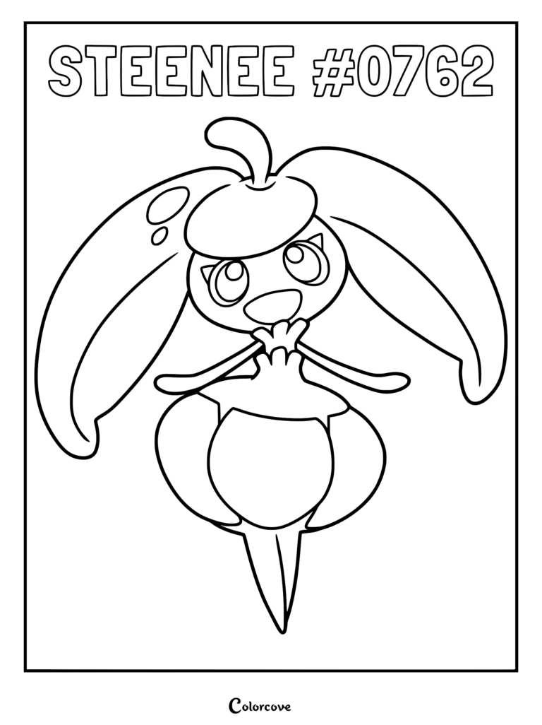 Steenee, the fruit-like Pokemon from the Alola region, featured in a clean black and white line art coloring page with a botanical aesthetic.