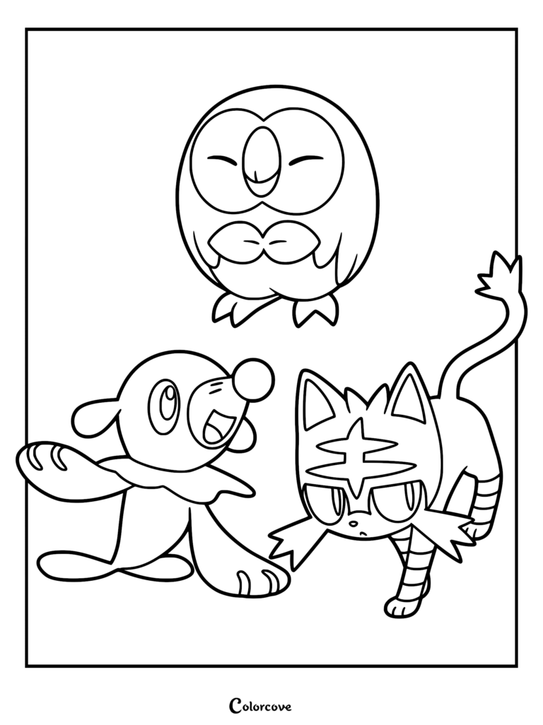 A printable coloring page featuring the three Alola starter Pokemon: Rowlet hovering above, Popplio laughing on the left, and Litten standing on the right.