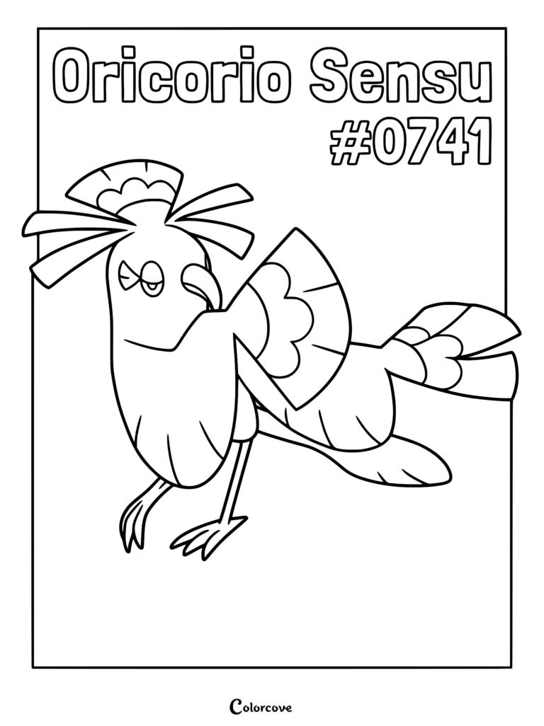 A detailed Pokemon Alola coloring page featuring Oricorio Sensu Style in a dynamic dancing pose with elegant fan-like wings.