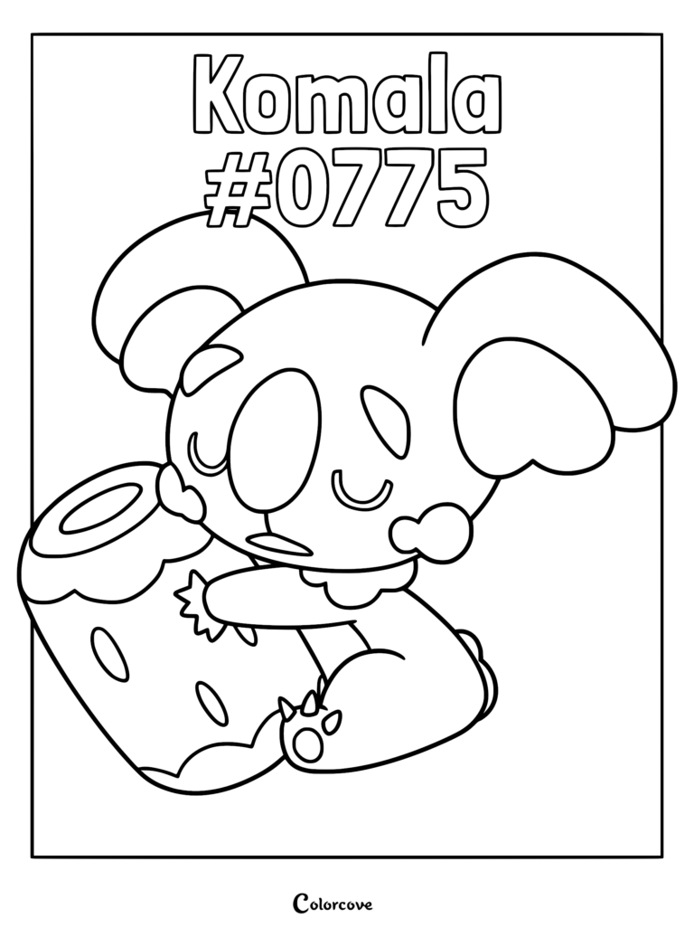 Komala coloring page featuring the sleepy Alola Pokemon holding its signature wooden log.