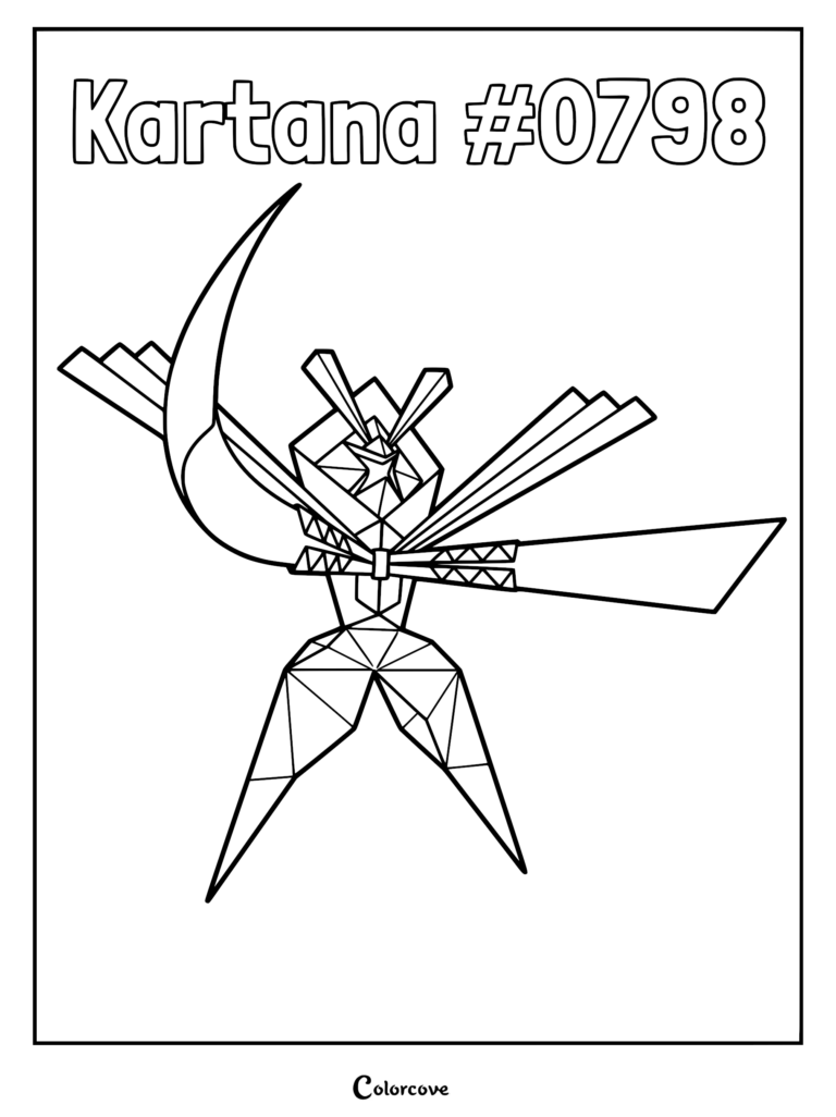 Detailed printable Kartana Pokemon Alola coloring page featuring the origami-like Ultra Beast with sharp blade arms and geometric body segments.