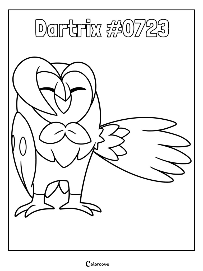 Dartrix Pokemon Alola coloring page featuring the owl-like Grass-type Pokemon with its signature side-swept bangs and wing outstretched.