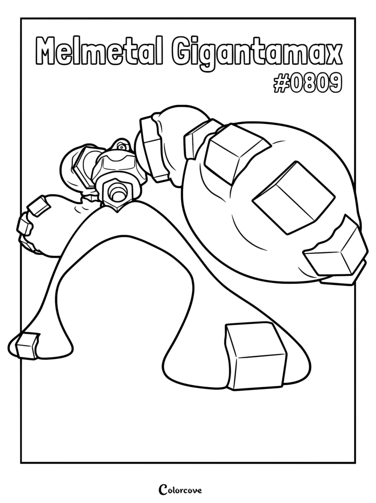 Gigantamax Melmetal coloring page featuring the massive metallic Pokemon with its iconic hex nut head and flowing, liquid-metal body segments.