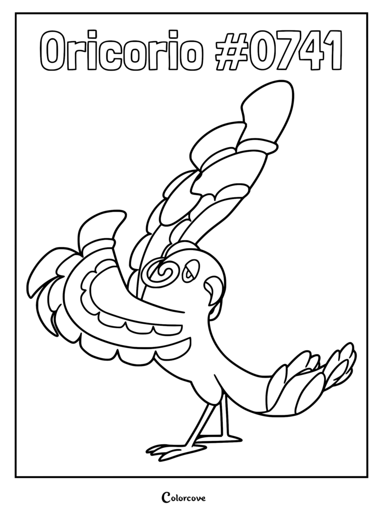 Oricorio Baile Style Pokemon line art coloring page with uplifted fan-like wings and a spiraled crest.