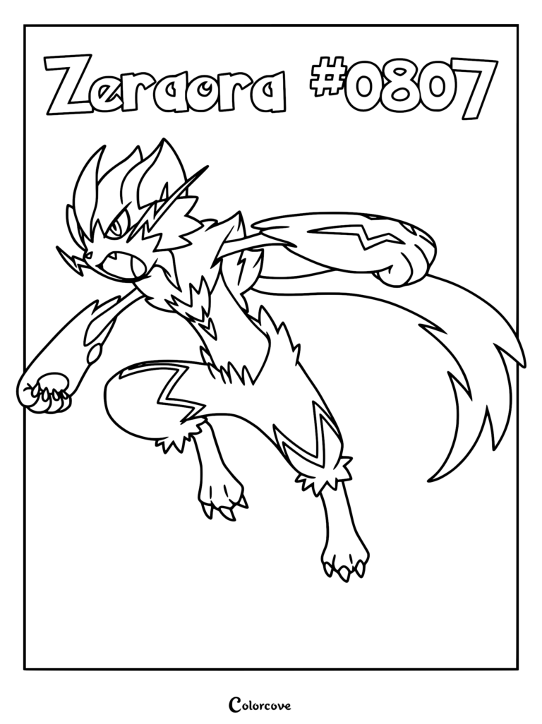 A detailed Zeraora Pokemon Alola coloring page featuring the electric-type mythical Pokemon in a dynamic battle stance with lightning patterns on its arms and legs.