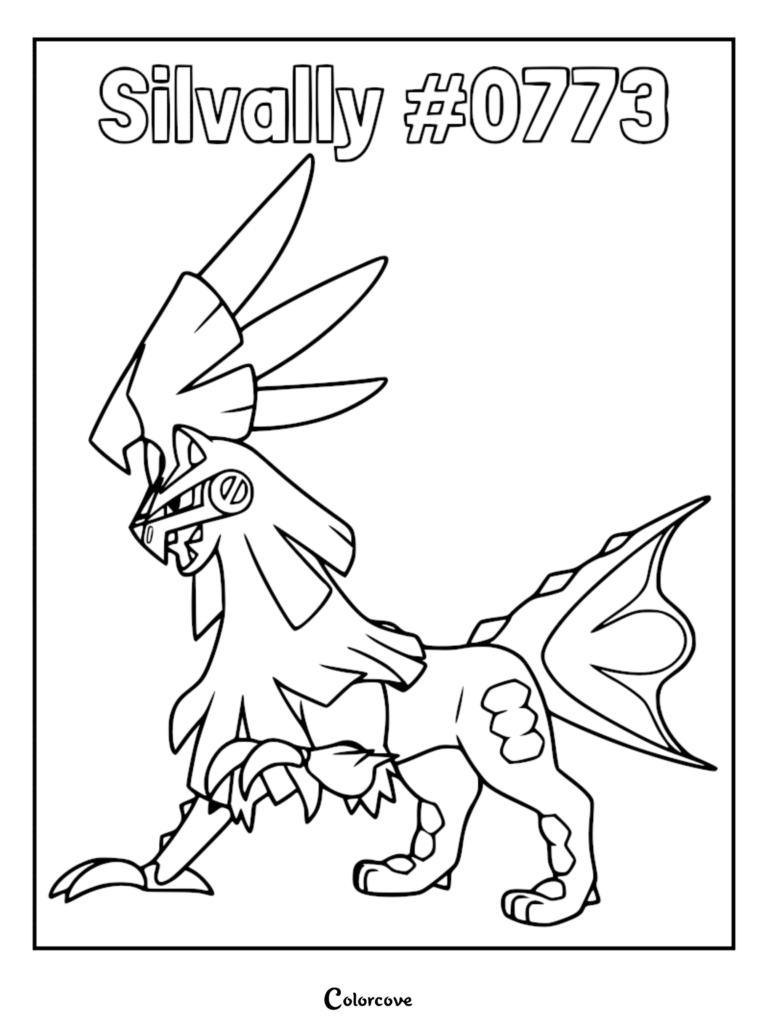 A detailed coloring page of the synthetic Pokemon Silvally standing in profile with its iconic crest and fish-like tail fin.