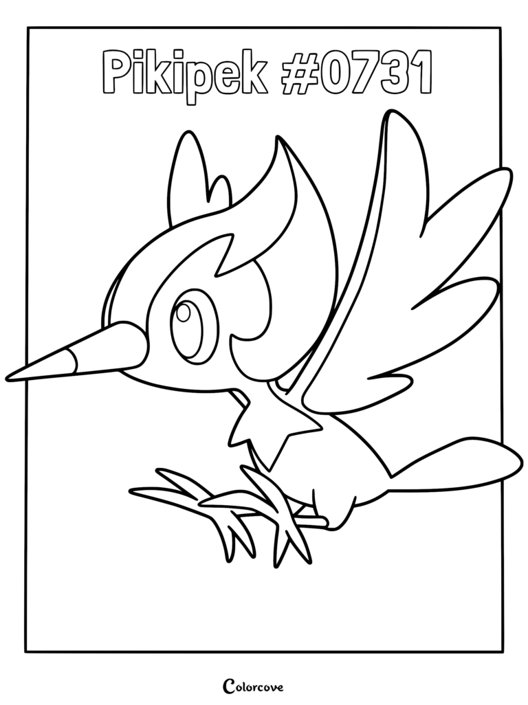 Pikipek Pokemon Alola coloring page featuring the woodpecker bird-like creature with a sharp beak, crest, and outspread wings in clean line art.