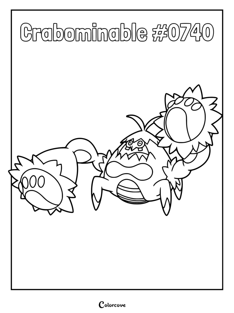 Crabominable Pokémon Alola coloring page featuring the large, furry, crab-like creature with prominent pincers and shaggy hair.