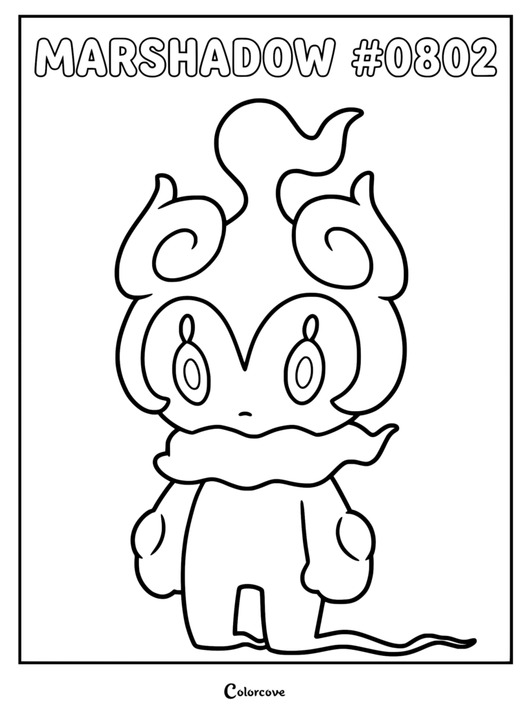 A detailed Marshadow Pokemon Alola coloring page featuring the ghost-fighting type creature with its signature spectral flames and hood-like head shape.