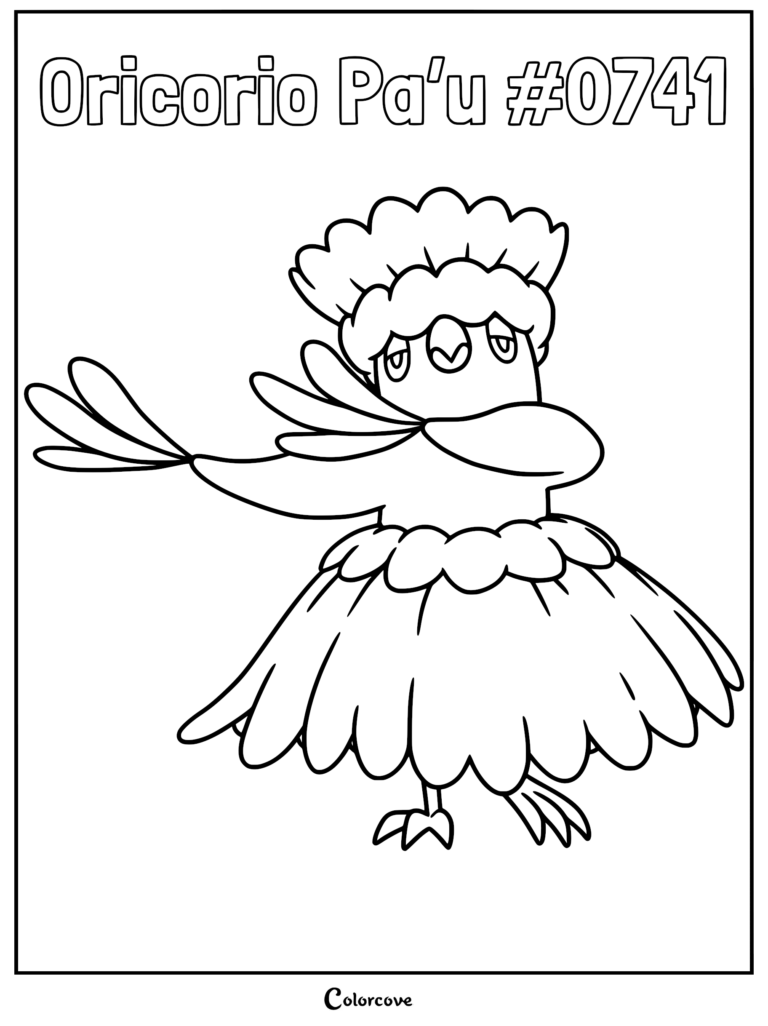 Oricorio Pa'u style Pokemon from the Alola region depicted in a dancing pose for a printable coloring page.