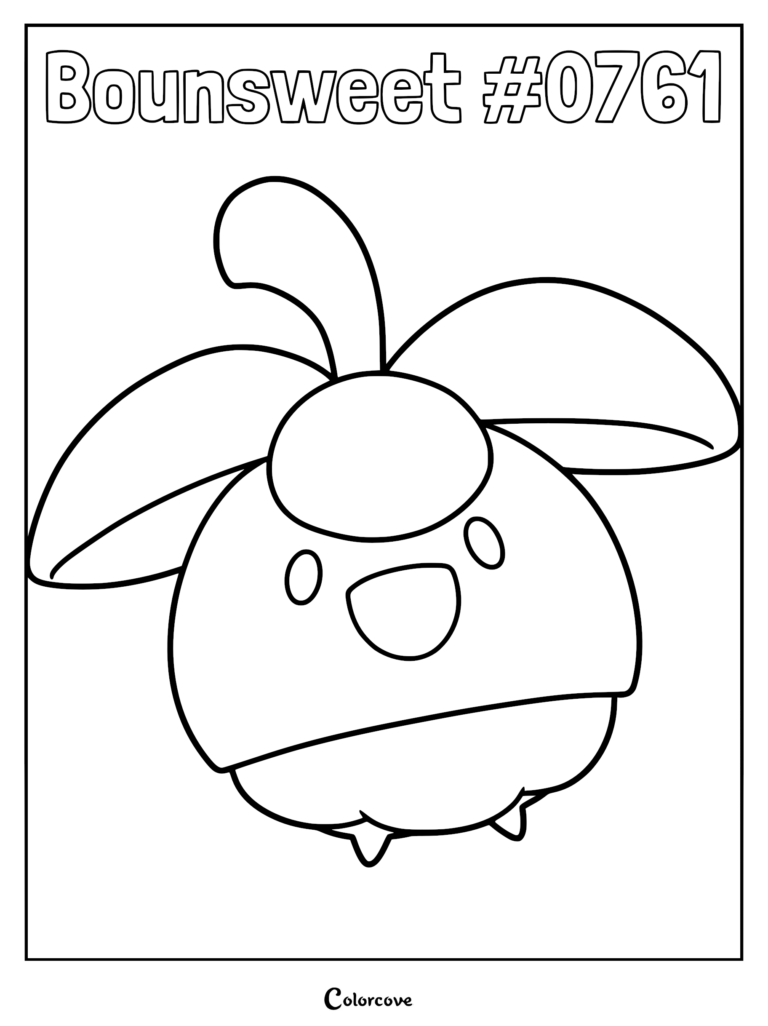 Bounsweet Pokemon Alola coloring page featuring a cute, fruit-like character with leaf-shaped hair and a happy smiling face in bold black lines.