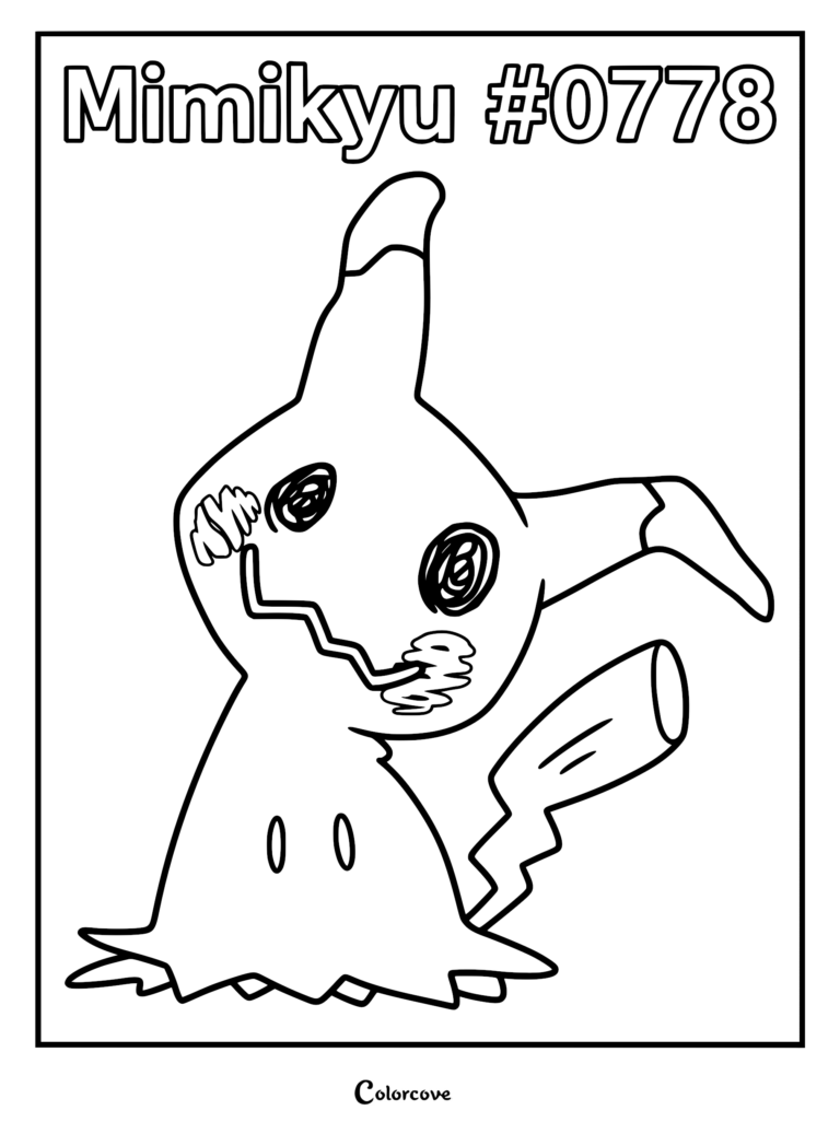 Mimikyu from Pokemon Alola region featuring its signature Disguise form on a printable coloring page