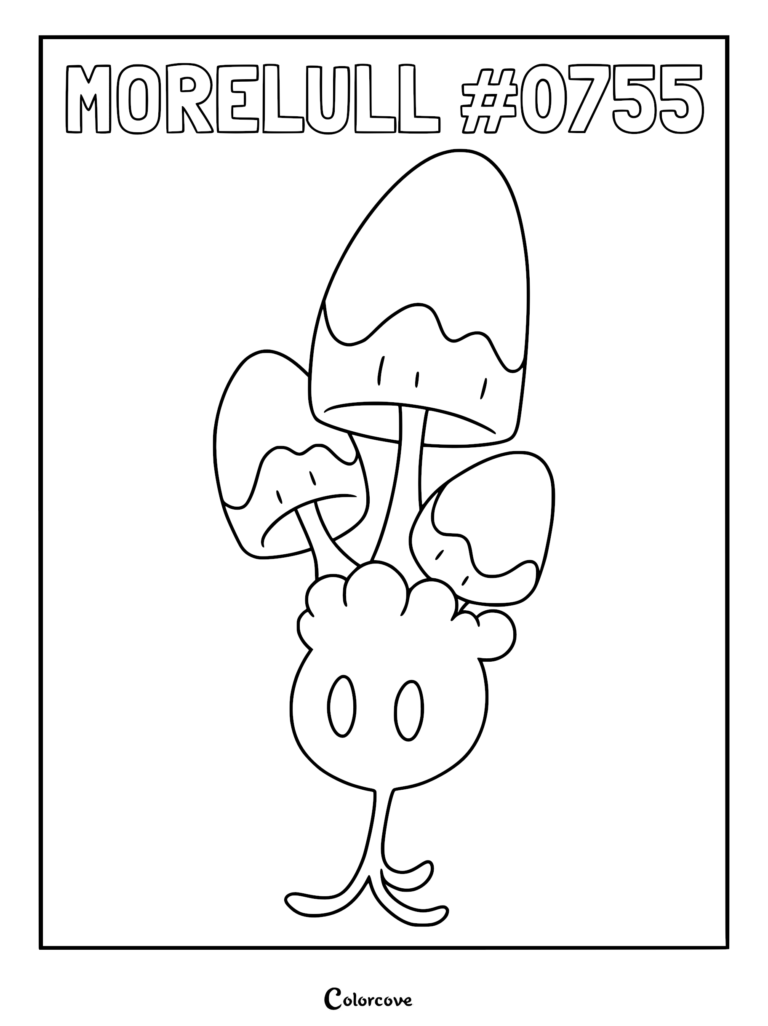 Morelull Pokemon Alola coloring page featuring three mushroom-like caps growing from a single base with two oval eyes.