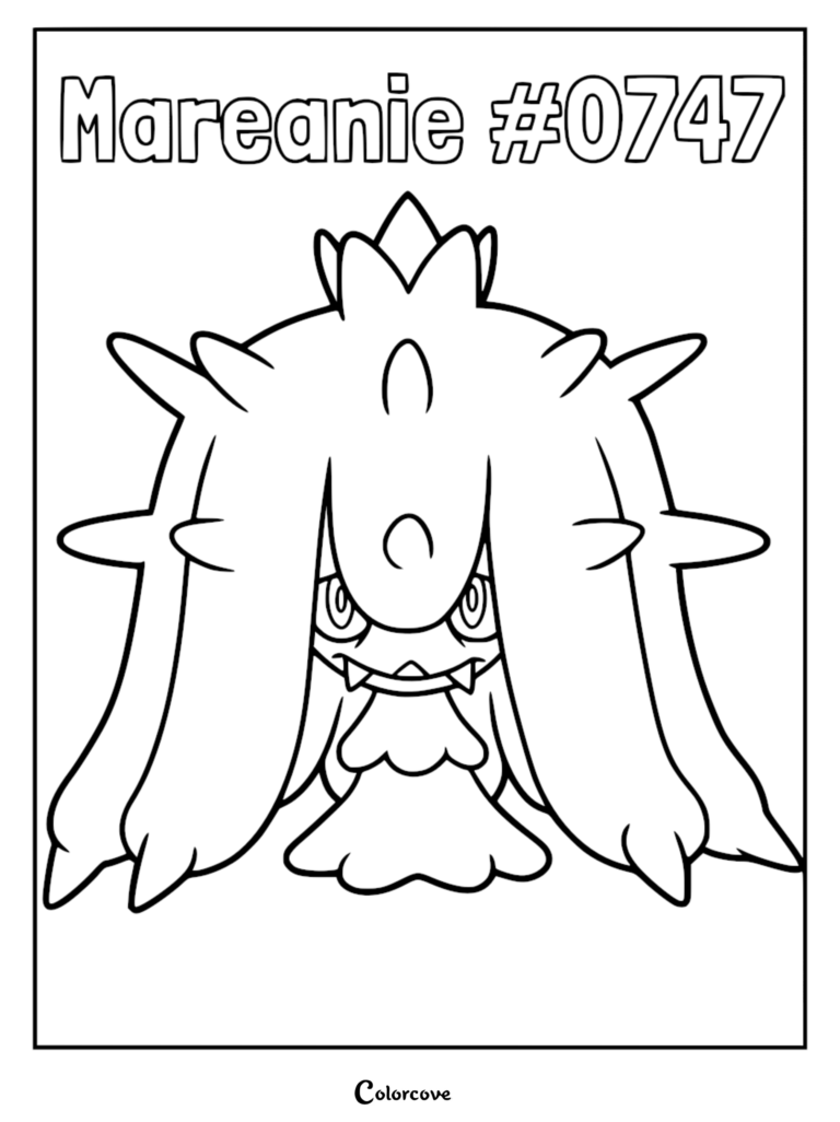 Black and white line art of the Alolan Pokemon Mareanie, featuring its signature spiky crown and tentacle-like appendages for a fun coloring page.