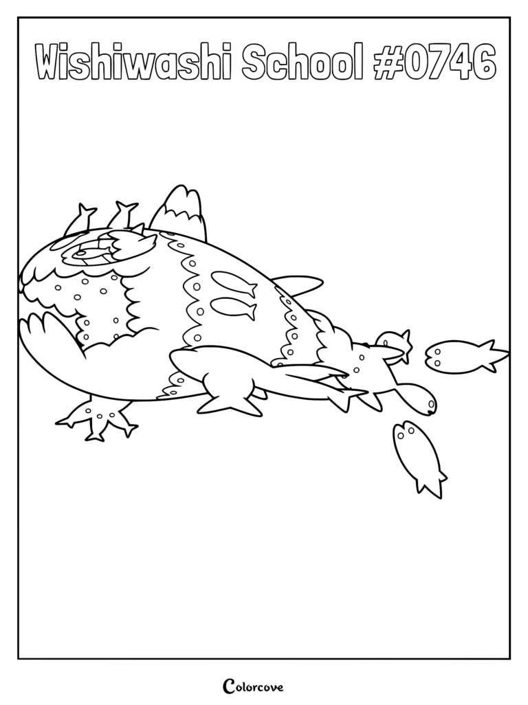 A printable coloring page featuring the Wishiwashi School Form, a giant creature composed of many smaller fish, depicted in bold black and white line art.