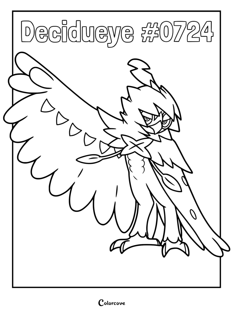 A detailed coloring page featuring Decidueye from Pokemon Alola, showcasing its sharp avian features, feathered cape-like wings, and hood-like plumage.