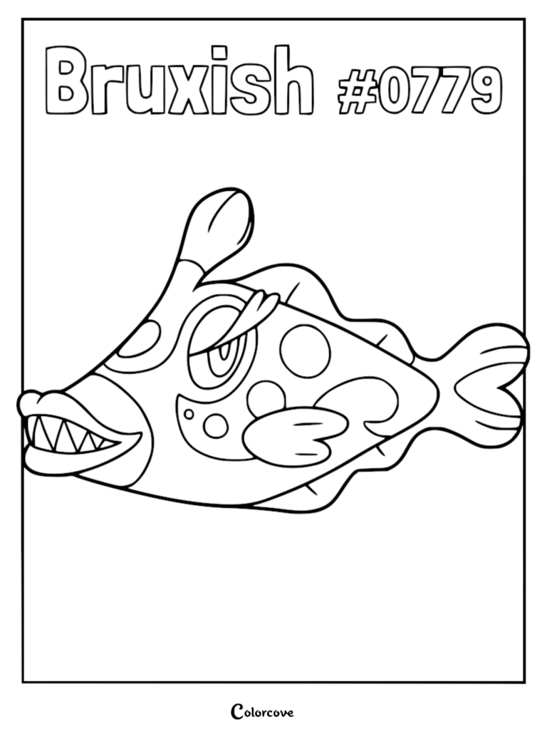 Bruxish Pokemon Alola coloring page featuring the distinct gnarled teeth and colorful tropical fish body patterns.
