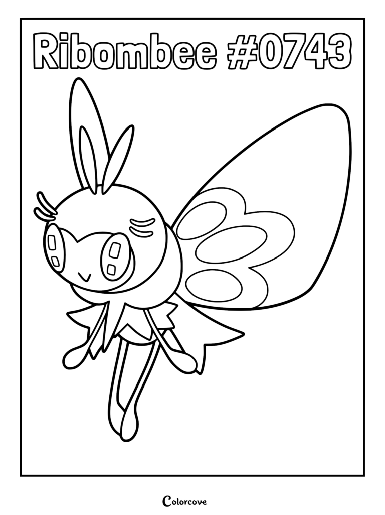 A printable coloring page featuring the Alolan Pokemon Ribombee with its large oval eyes, slender antennae, and butterfly-like wings.