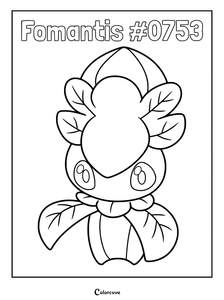 A clear line art coloring page of the Alola Pokemon Fomantis #0753, showcasing its flower-like head, leaf-shaped antennae, and small green body.