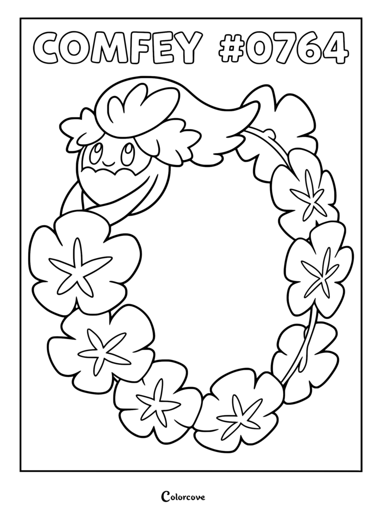 A printable coloring page featuring the Alolan Pokemon Comfey as a flower ring or lei with floral petals.