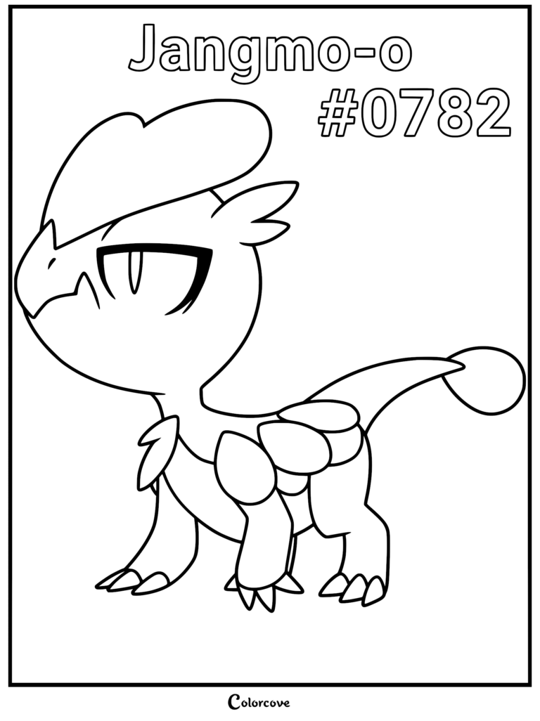 A detailed coloring page of Jangmo-o from Pokemon Alola, showing its heart-shaped head crest, scaly armor, and long tail with a bulbous end.
