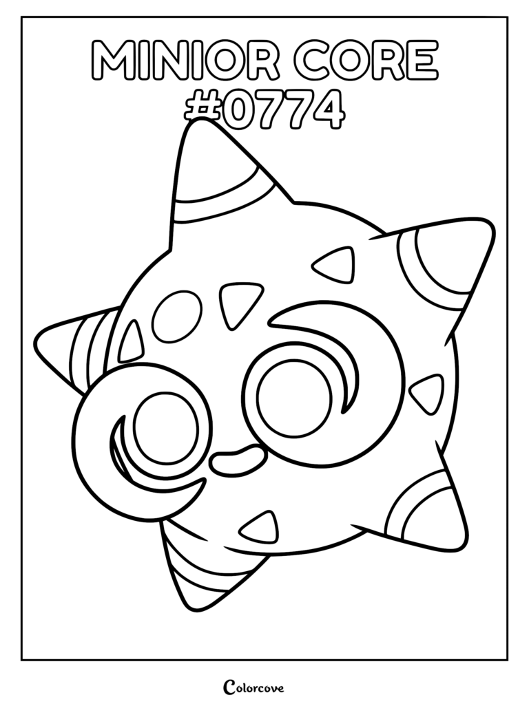 A printable coloring page featuring the star-shaped Minior Core Pokemon with its distinct swirling eyes and triangular markings.