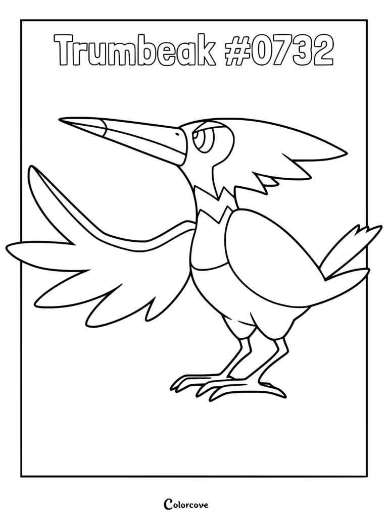 A black and white line art coloring page of the Alola Pokemon Trumbeak, showing the bird with a long beak and jagged crest feathers spread out.