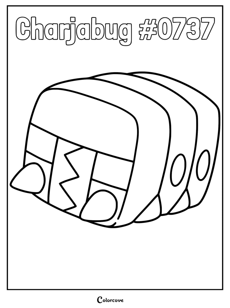 A detailed coloring page featuring Charjabug #0737, the Alola region battery Pokemon with its distinct blocky, segmented body and zigzag mouth.