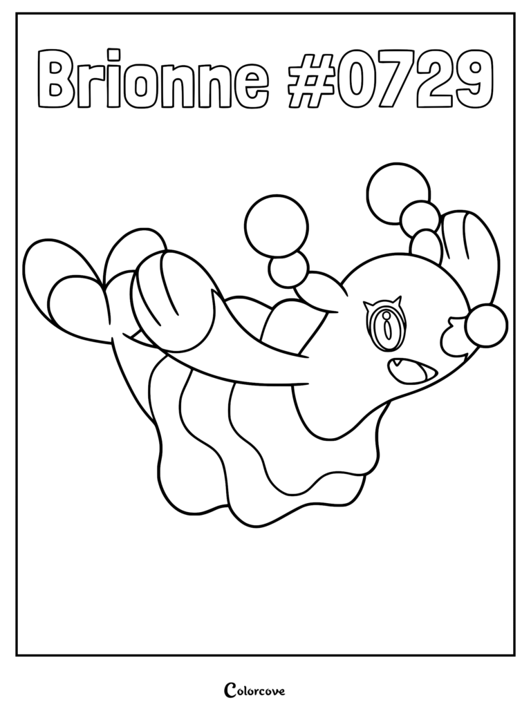 A printable coloring page of the Alola Pokémon Brionne swimming with its signature hair ornaments and ruffled body style.
