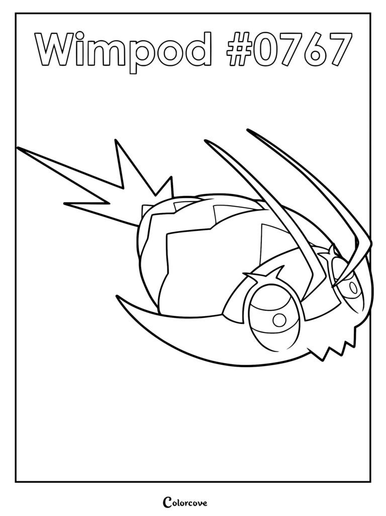 A detailed Wimpod coloring page featuring the Alolan bug-type Pokemon, captured with its signature antennae and segmented shell.