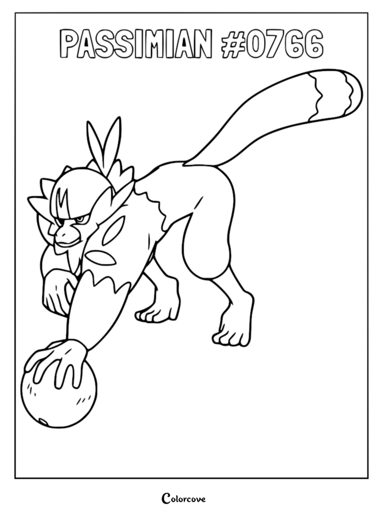 Passimian Pokemon Alola coloring page featuring the lemur-like Fighting-type Pokemon holding a berry