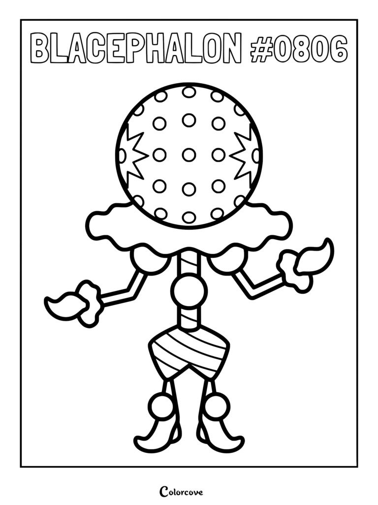 A clean line art coloring page of the Alola Pokemon Blacephalon, featuring its distinct firework-ball head, striped body, and jagged collar.