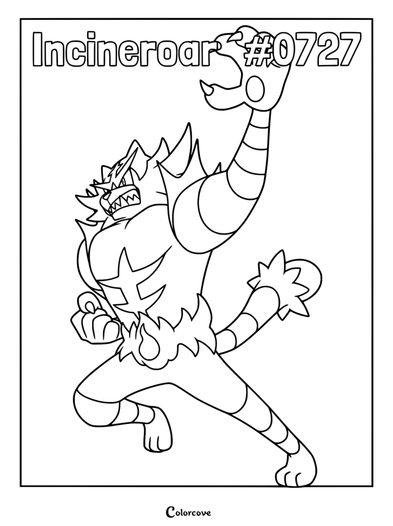 Incineroar #0727 from Pokemon Alola striking a powerful wrestling pose, printable coloring page for kids
