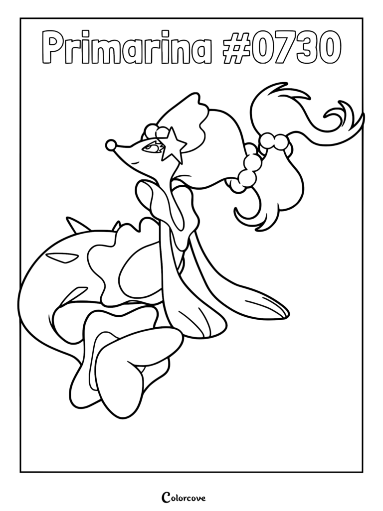 Primarina Pokemon Alola line art coloring page showing the mermaid-like creature with a star accessory and flowing tail.