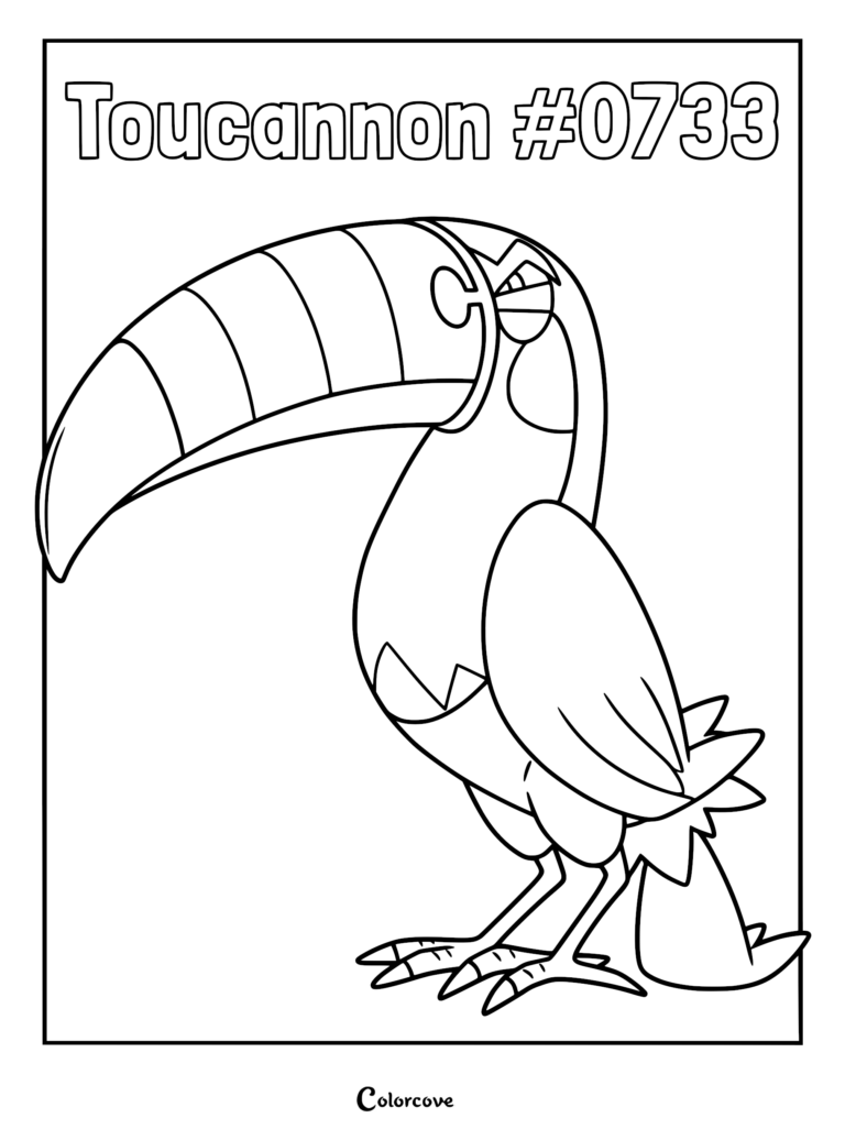 Toucannon Pokemon Alola coloring page featuring the large toucan-like creature with its signature segmented beak and spiky tail feathers.