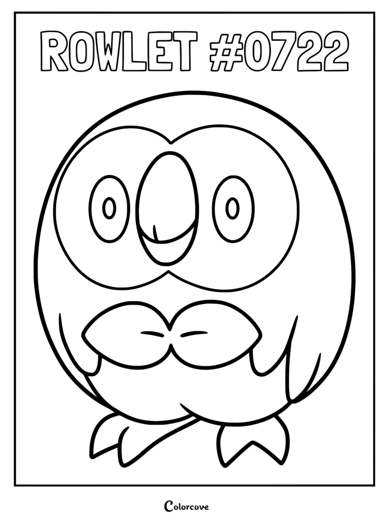 A printable coloring page featuring the round, grass-type Pokemon Rowlet with its signature bowtie-like leaves and wide, expressive eyes.