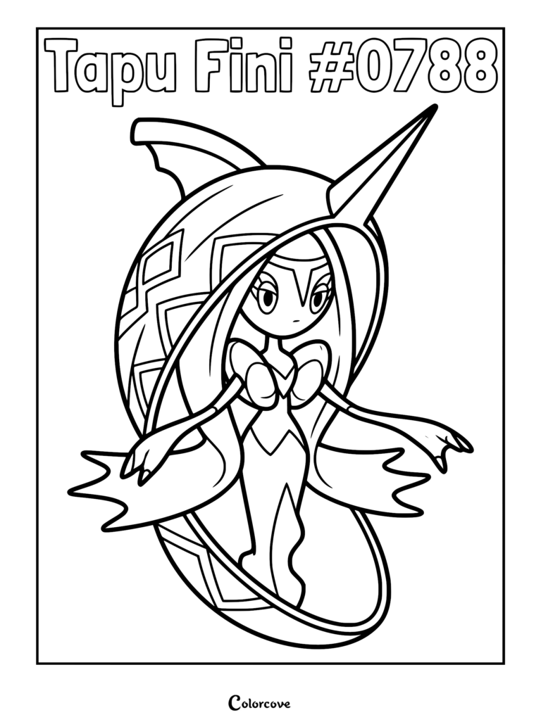Tapu Fini Pokémon Alola #0788 printable coloring page featuring the legendary Guardian deity inside its shell.