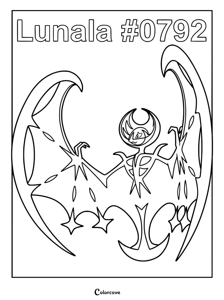 Lunala Pokemon Alola #0792 coloring page featuring the Legendary bat-like creature with its crescent-shaped wings spread wide.