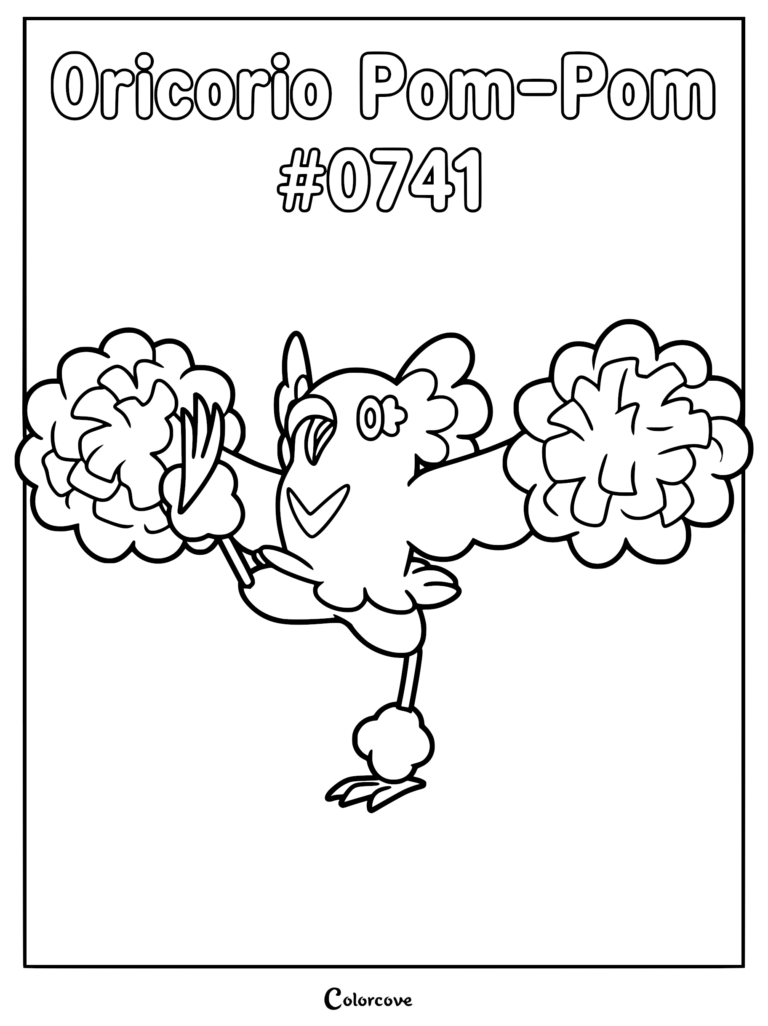 Oricorio Pom-Pom coloring page featuring the Alolan bird Pokémon dancing with fluffy pom-pom wings and leg tufts in black and white line art.