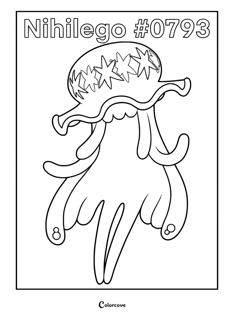 Nihilego Pokemon Alola coloring page featuring the jellyfish-like Ultra Beast with star-shaped patterns on its bell and flowing, ribbon-like tentacles.