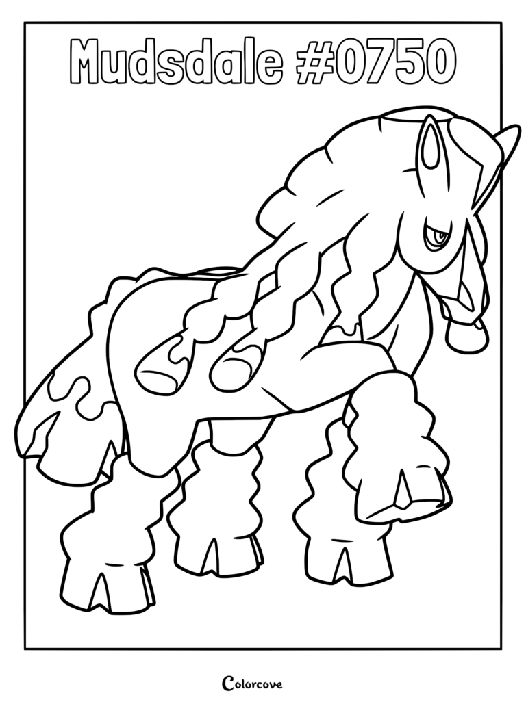 A detailed coloring page of Mudsdale from Pokemon Alola featuring its thick braided mane and heavy hooves.