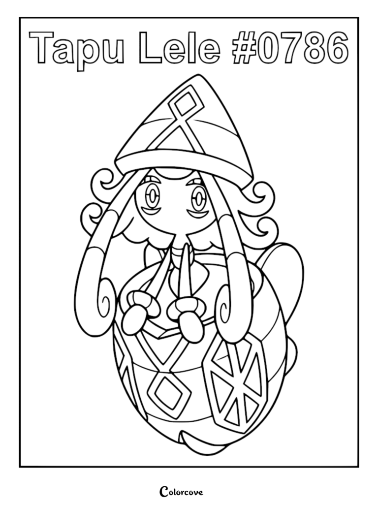 Tapu Lele #0786 line art from Pokemon Alola series, featuring the deity's shell headgear, curled sensory strands, and diamond-patterned torso on a printable coloring page.
