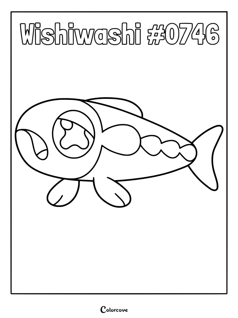 A printable coloring page featuring the Alola region Pokemon Wishiwashi in its Solo Form, showcasing its fish-like body, large eyes, and unique scale pattern.